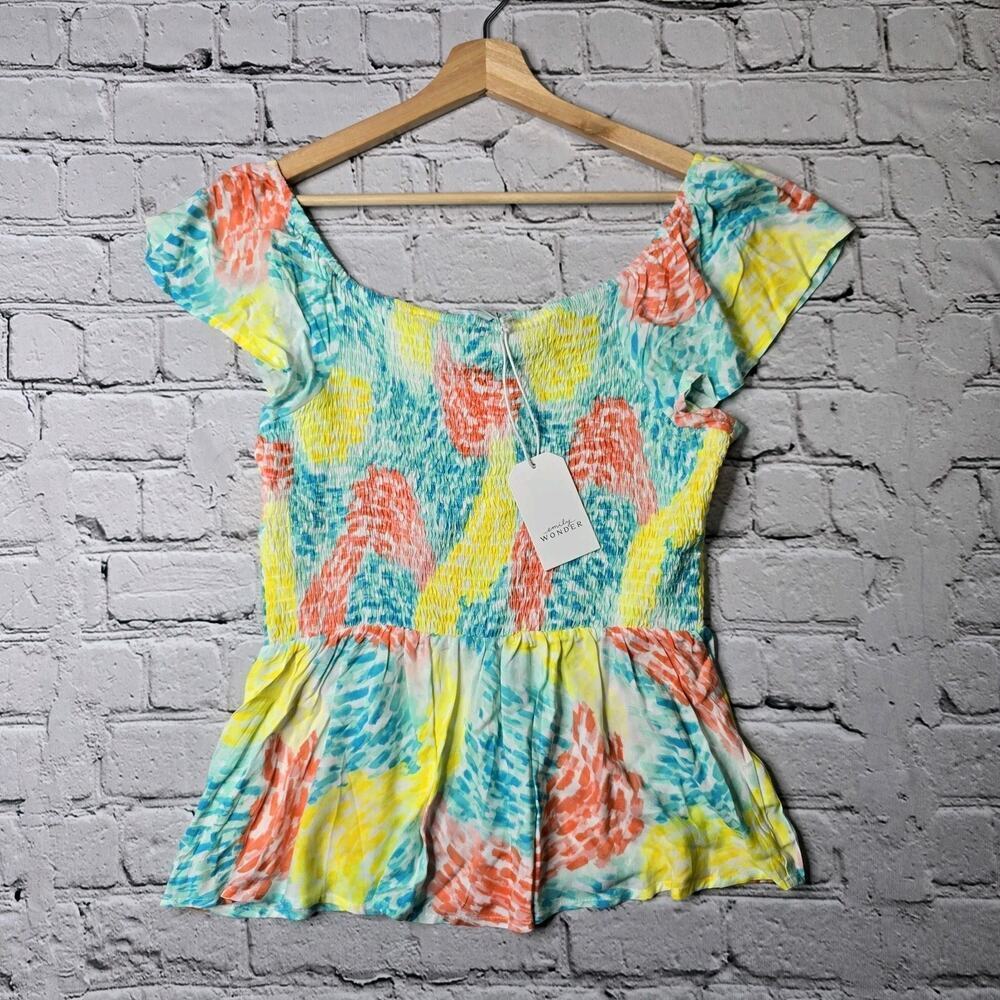 Emily Wonder Watercolor Blue Red Yellow Smocked Ruffle Hem Blouse New Size Large